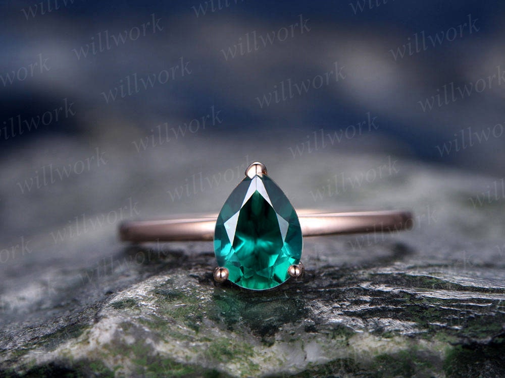 Emerald engagement ring solitaire tear drop emerald ring vintage solid 14k rose gold ring May birthstone wedding women promise bridal ring