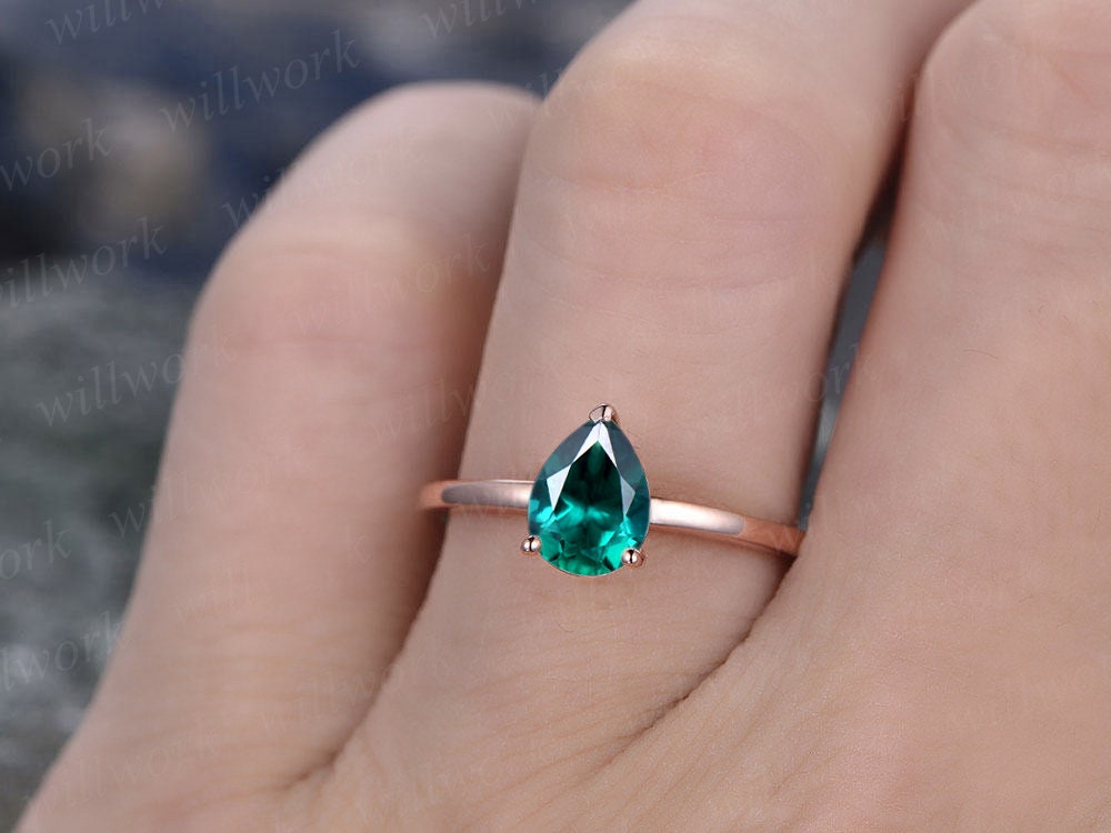 Emerald engagement ring solitaire tear drop emerald ring vintage solid 14k rose gold ring May birthstone wedding women promise bridal ring