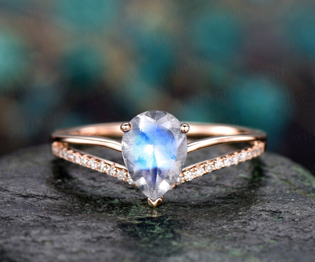 6x8mm Pear natural moonstone engagement ring rose gold split shank real diamond ring June birthstone vintage gold women wedding bridal ring