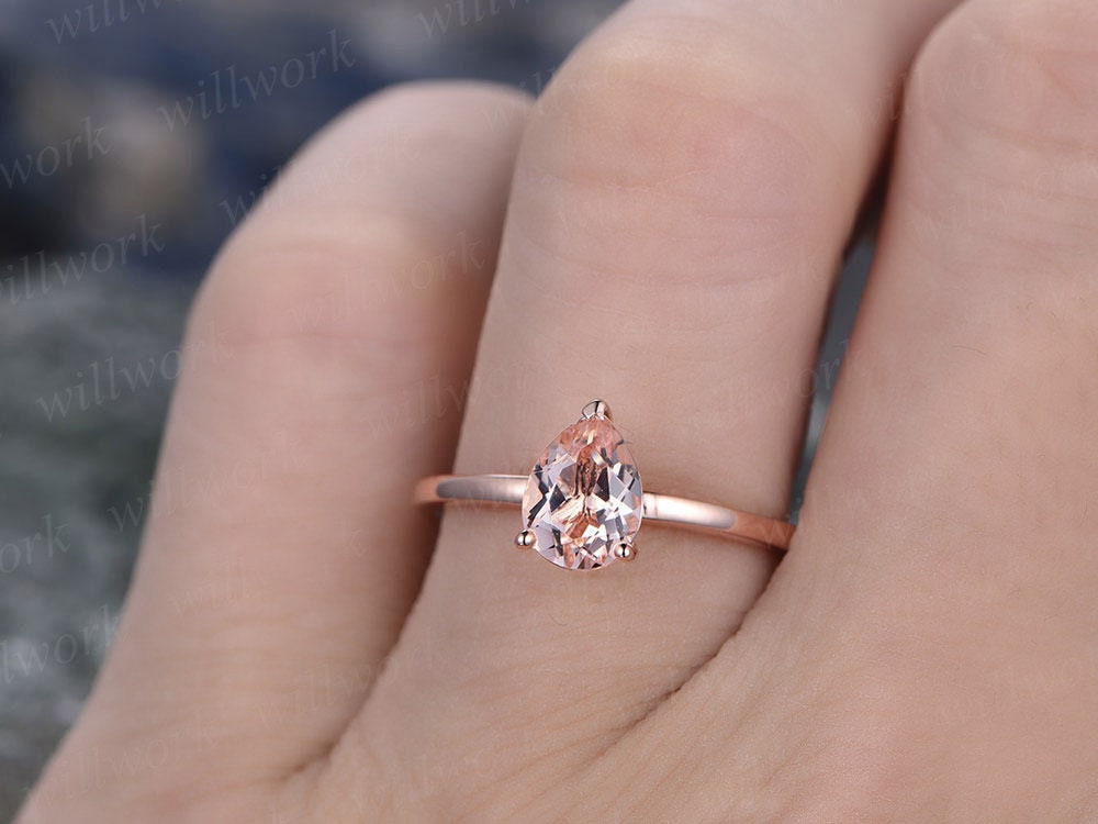 Natural pink morganite engagement ring solitaire pear morganite ring solid 14k rose gold ring women promise bridal wedding ring jewelry gift