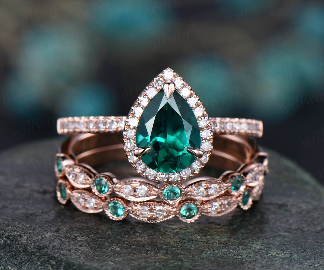 Vintage unique pear shaped emerald engagement ring set halo diamond 14k rose gold art deco natural emerald wedding band May birthstone ring