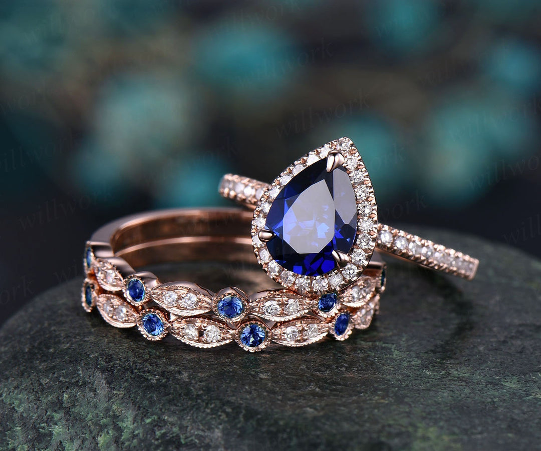 Blue sapphire engagement ring set rose gold 3pc sapphire wedding ring band vintage diamond halo ring unique marquise women bridal ring set