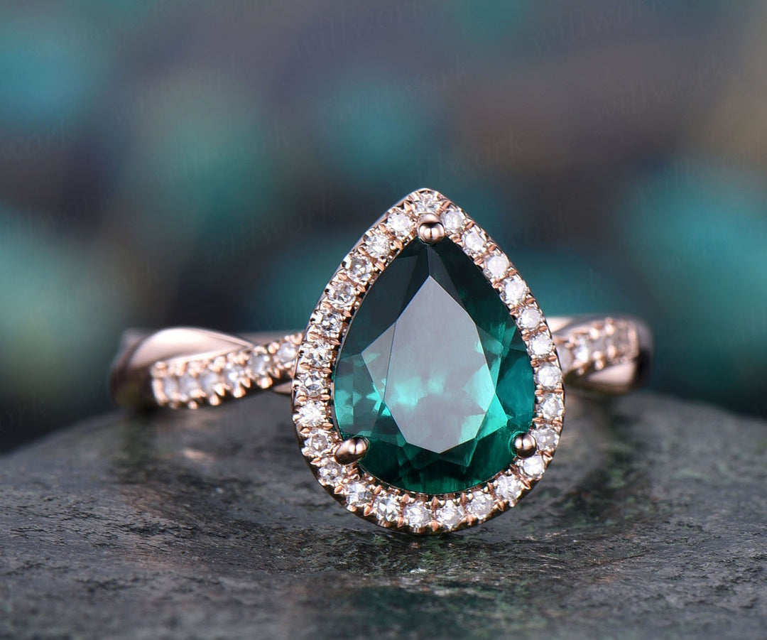 7x9mm green emerald engagement ring 14k rose gold emerald ring gold vintage diamond halo ring May birthstone gift women bridal wedding ring