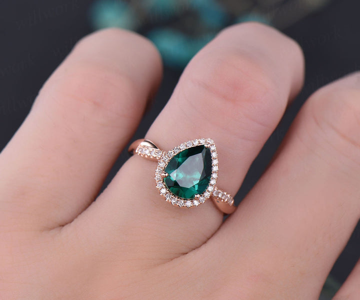 7x9mm green emerald engagement ring 14k rose gold emerald ring gold vintage diamond halo ring May birthstone gift women bridal wedding ring