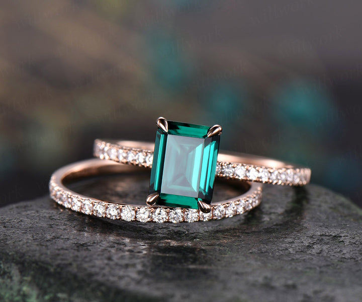 2pcs diamond ring emerald cut emerald engagement ring 14k rose gold May birthstone ring vintage emerald wedding bridal set custom jewelry