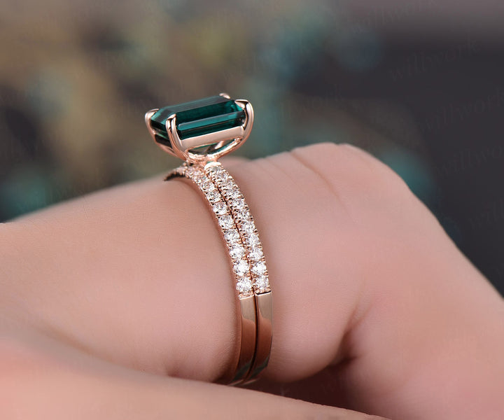 2pcs diamond ring emerald cut emerald engagement ring 14k rose gold May birthstone ring vintage emerald wedding bridal set custom jewelry