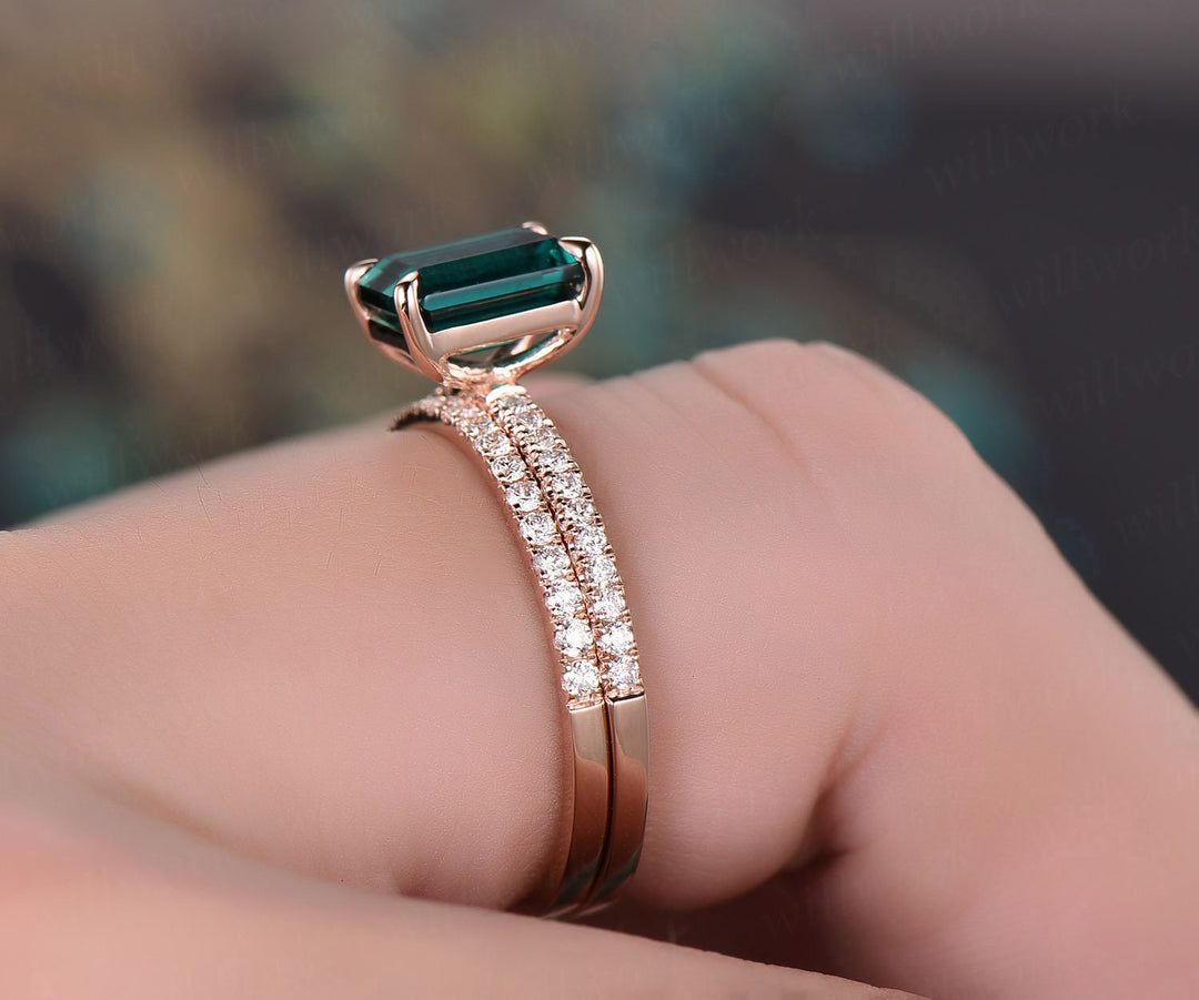 Emerald cut emerald ring gold vintage emerald engagement ring set 14k rose gold unique engagement ring diamond wedding ring set for women