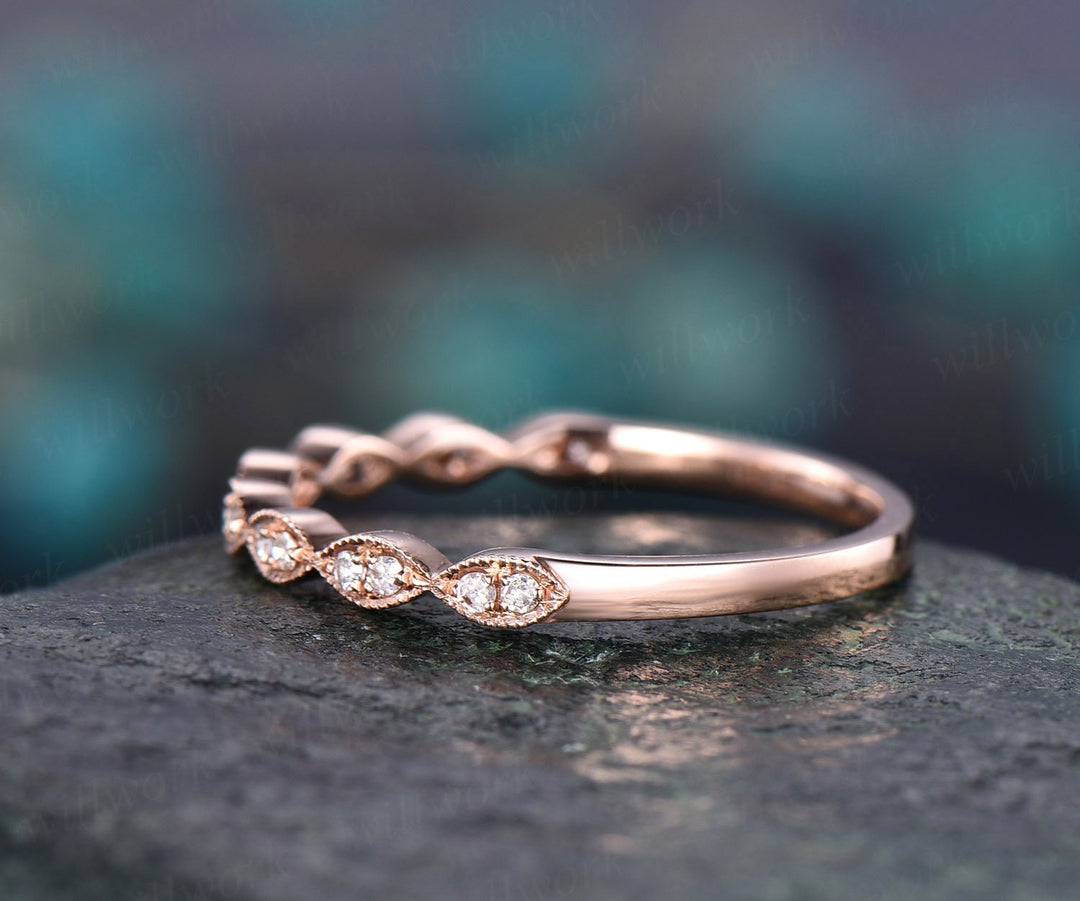Art deco diamond wedding ring band 14k rose gold marquise diamond wedding half eternity matching stacking promise bridal ring band jewelry