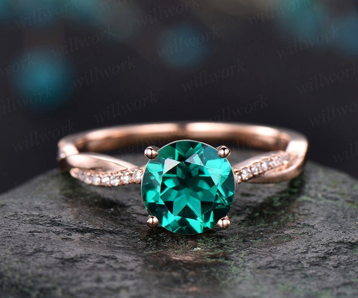 7mm round cut emerald engagement ring solid 14k rose gold twisted real dianond ring May birthstone emerald ring bridal wedding promise ring