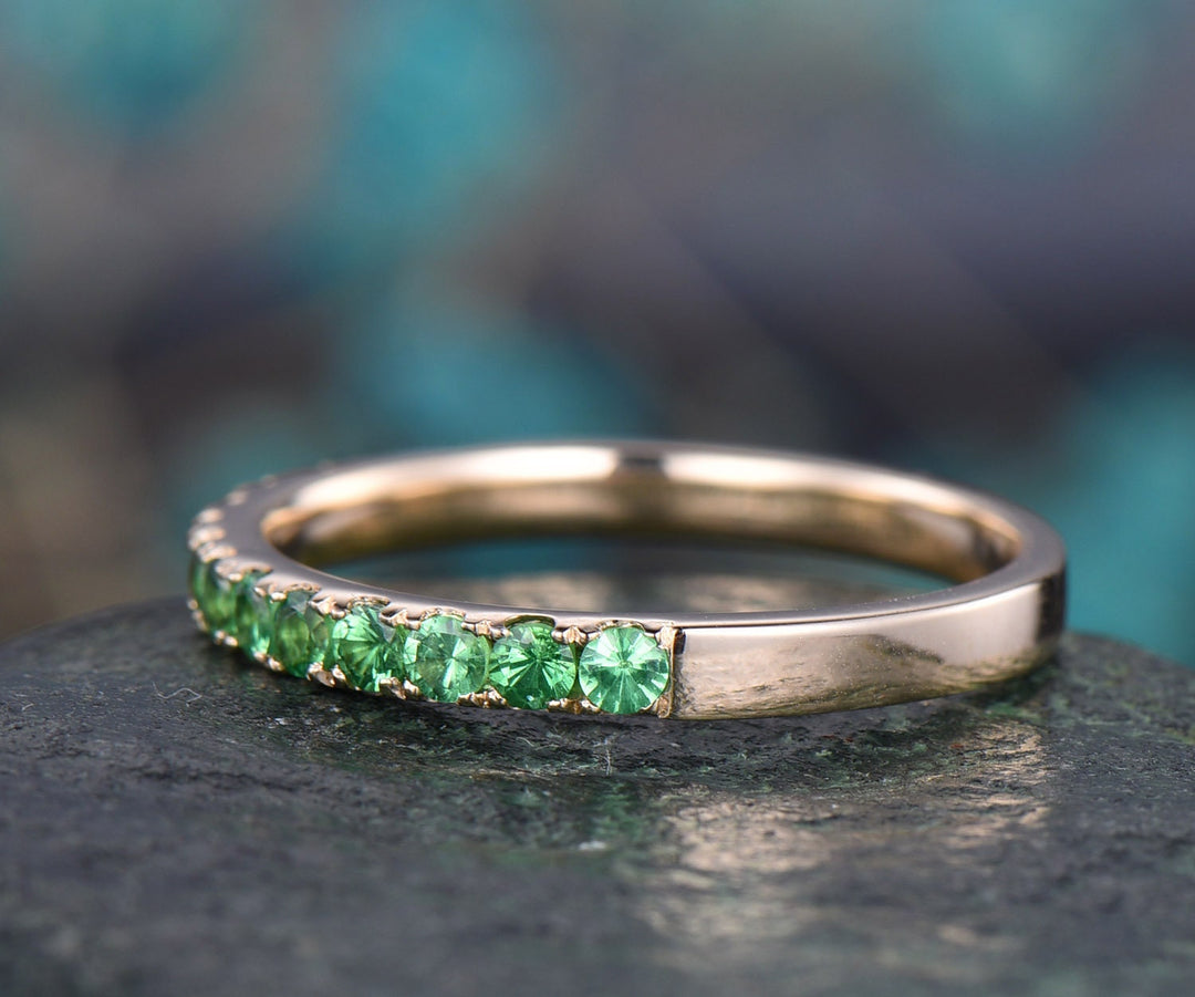 Natural tsavorite wedding ring tsavorite ring for women 14k gold half eternity wedding band dainty vintage anniversary ring jewelry gifts