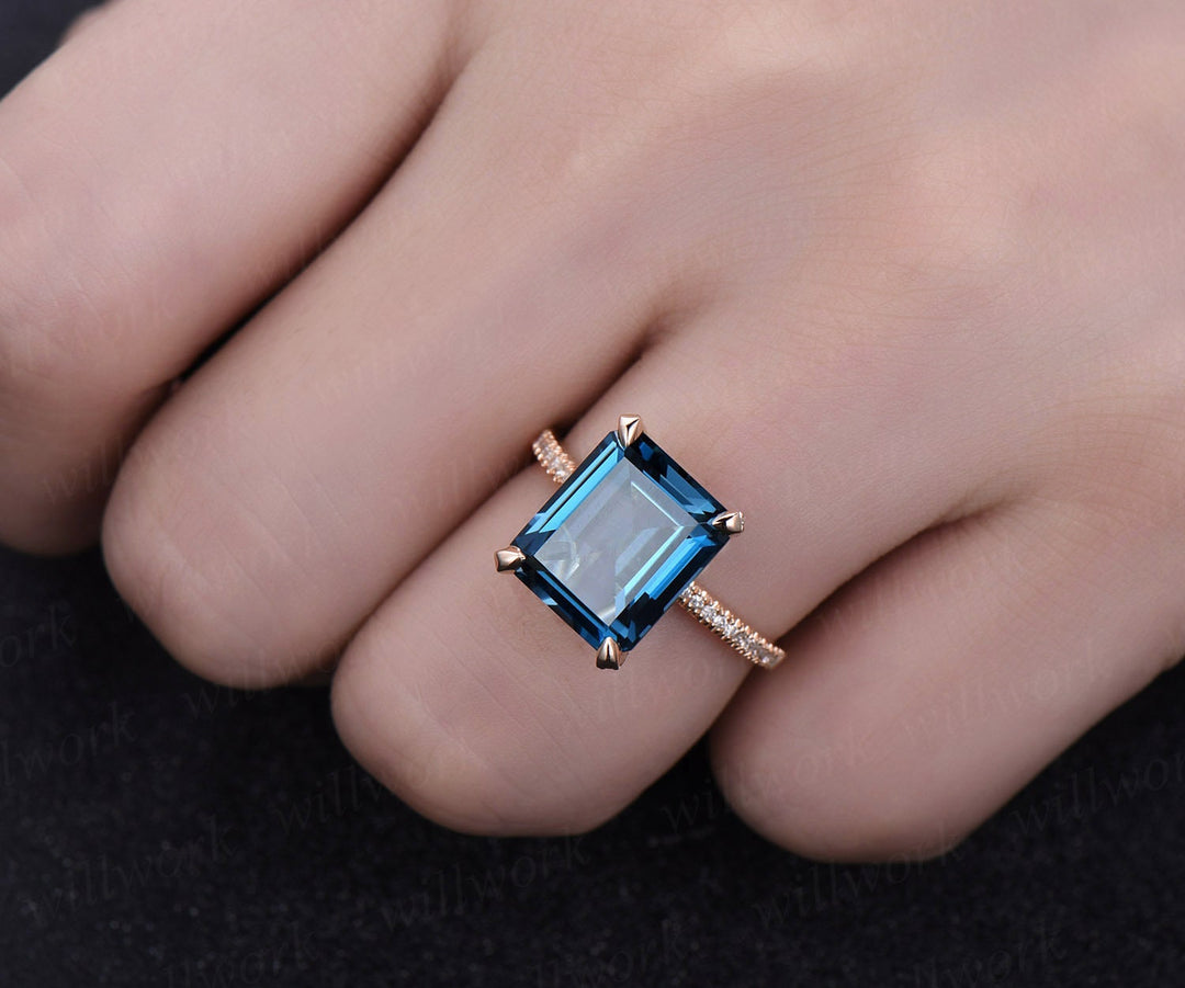 10x12mm London blue topaz engagement ring 14k rose gold big topaz ring gold under diamond halo basket women wedding promise ring jewelry
