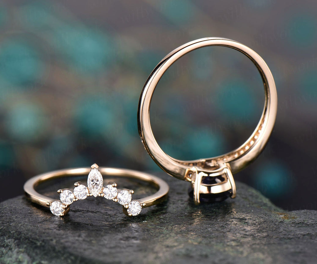 6x8mm 2pc sapphire bridal set sapphire engagement ring set yellow rose gold art deco moissanite crown ring band diamond wedding ring gift