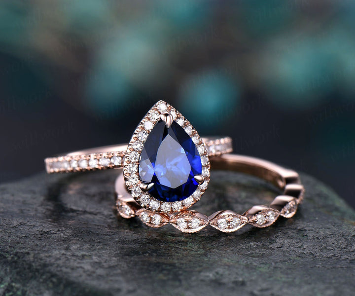 6x8mm 2pc sapphire bridal set sapphire engagement ring set rose gold art deco real diamond ring band matching wedding women gift jewelry