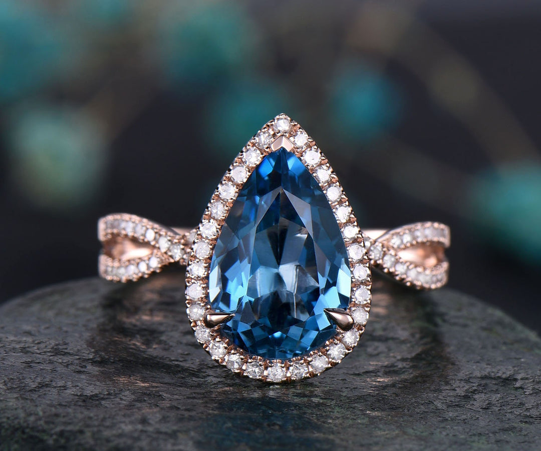 Infinity Diamond halo ring 8x12mm pear London blue topaz engagement ring 14k rose gold topaz ring gold vintage November birthstone ring gift