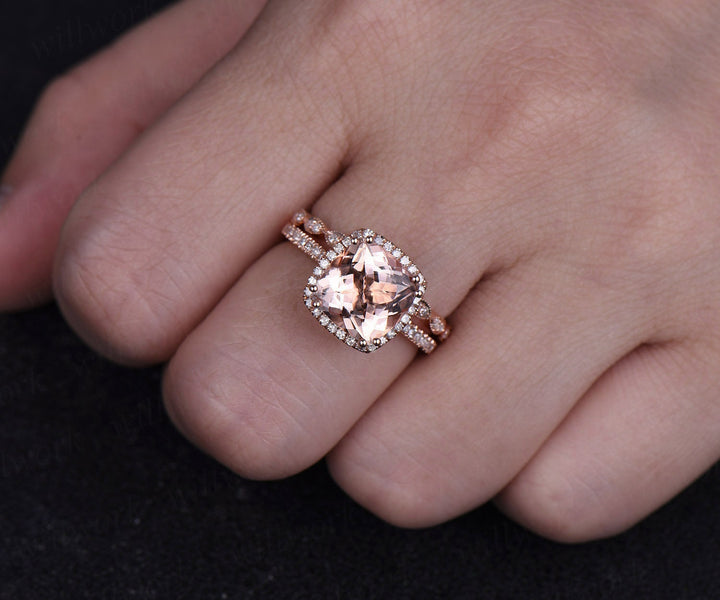 9mm cushion cut morganite bridal set pink morganite engagement ring set rose gold ring set art deco diamond ring set moissantie ring set
