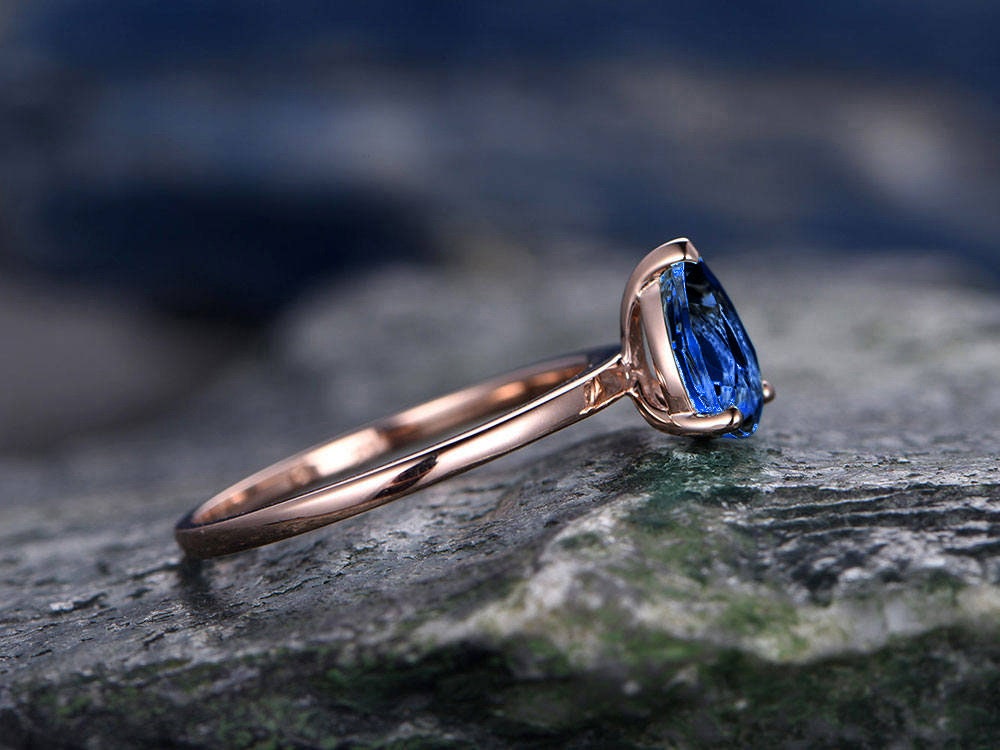 Blue sapphire engagement ring solitaire sapphire ring vintage solid 14k rose gold ring September birthstone ring wedding women bridal ring