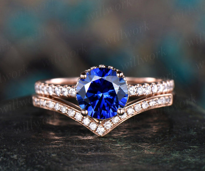 2pcs blue sapphire ring vintage sapphire engagement ring set rose gold for women under moissanite halo September birthstone brdial ring set