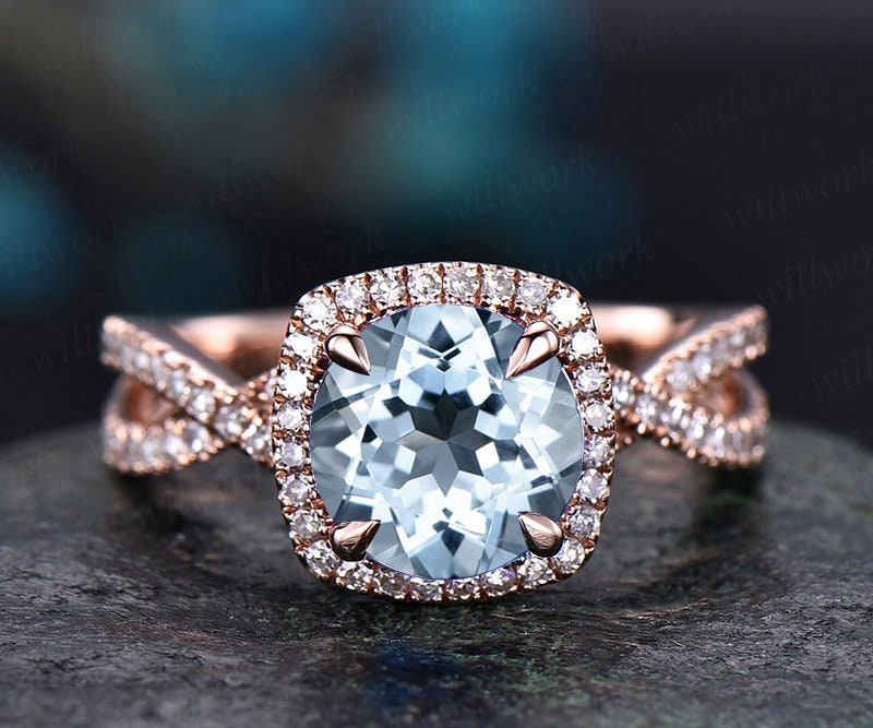 8mm aquamarine ring gold vintage aquamarine engagement ring rose gold halo diamond infinity twisted unique March birthstone wedding ring