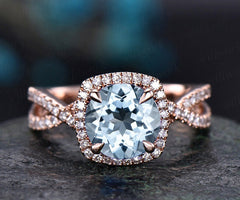 8mm aquamarine ring gold vintage aquamarine engagement ring rose gold halo diamond infinity twisted unique March birthstone wedding ring