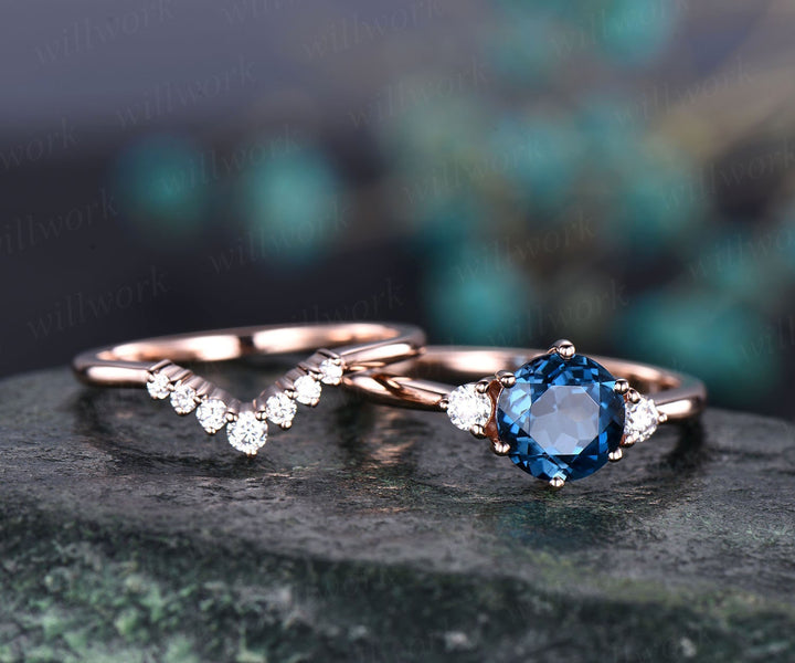 2pcs London blue topaz engagement ring set rose gold moissanite bridal ring set three stone engagement anniversary November birthstone ring