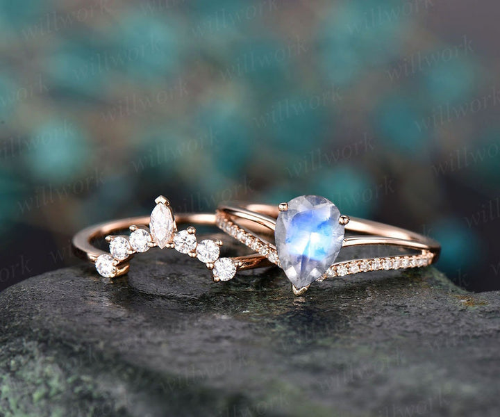 2pc natural moonstone engagement ring set rose gold diamond moissanite ring band marquise vintage stack crown women wedding bridal ring set