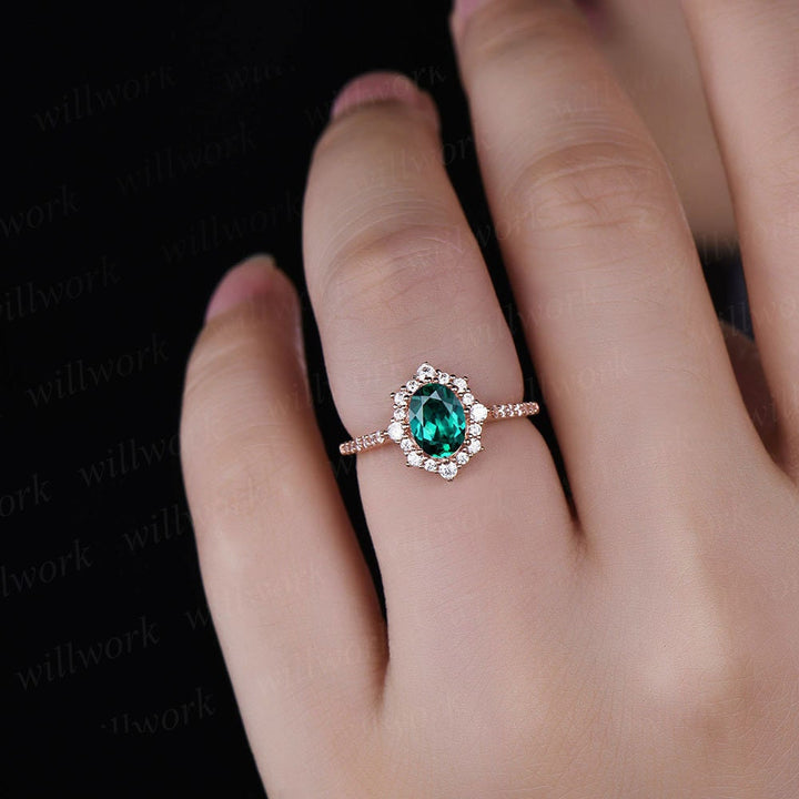 Rose gold ring vintage emerald engagement ring oval emerald rings for women May birthstone ring emerald jewelry bridal wedding promise ring