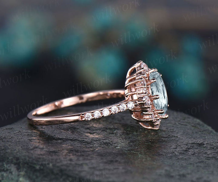 6x8mm blue aquamarine engagement ring rose gold moissanite halo ring oval aquamarine ring gold vintage for women her wedding band jewelry