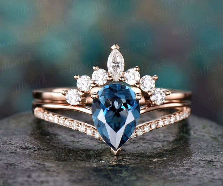 2pc diamond bridal set art deco crown moissanite ring London blue topaz engagement ring 14k rose gold November birthstone anniversary ring