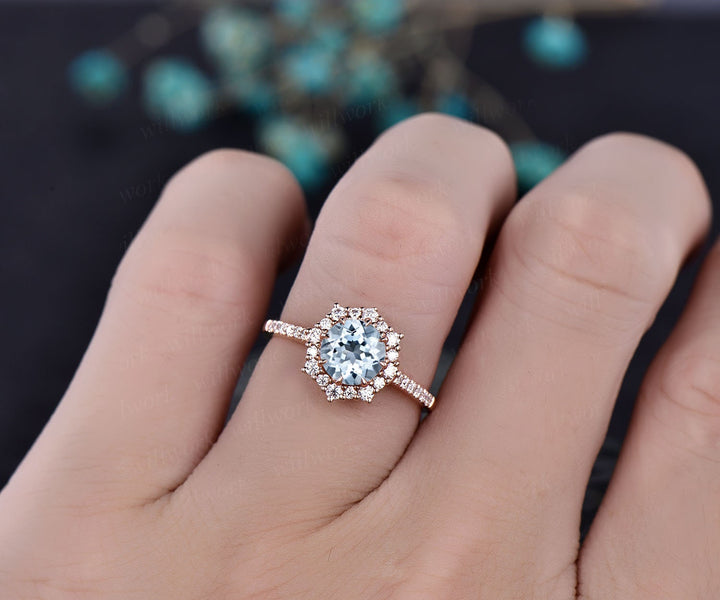 Vintage aquamarine engagement ring halo ring for women March birthstone ring eternity moissanite ring dainty jewelry wedding bridal ring