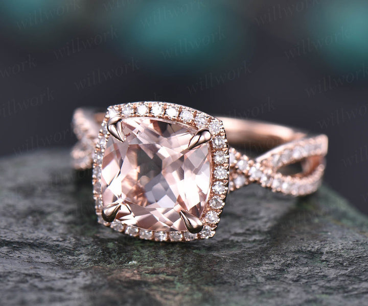 Cushion morganite ring morganite engagement ring rose gold vintage halo diamond ring infinity unique  jewelry promise wedding bridal ring