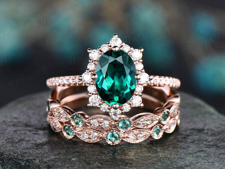 3pc Halo cluster emerald engagement ring rose gold moissanite halo ring natural emerald diamond wedding band vintage women bridal ring set