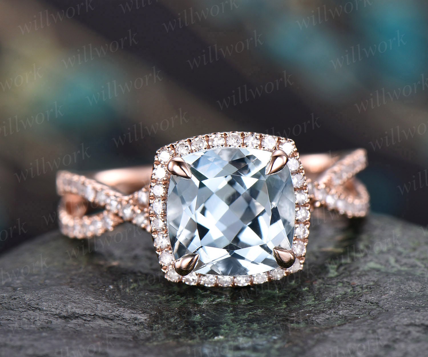 3.87ct 3 Stone Cushion Cut Black Diamond Engagement Ring Bridal Set 14k Rose  Gold / Front Jewelers