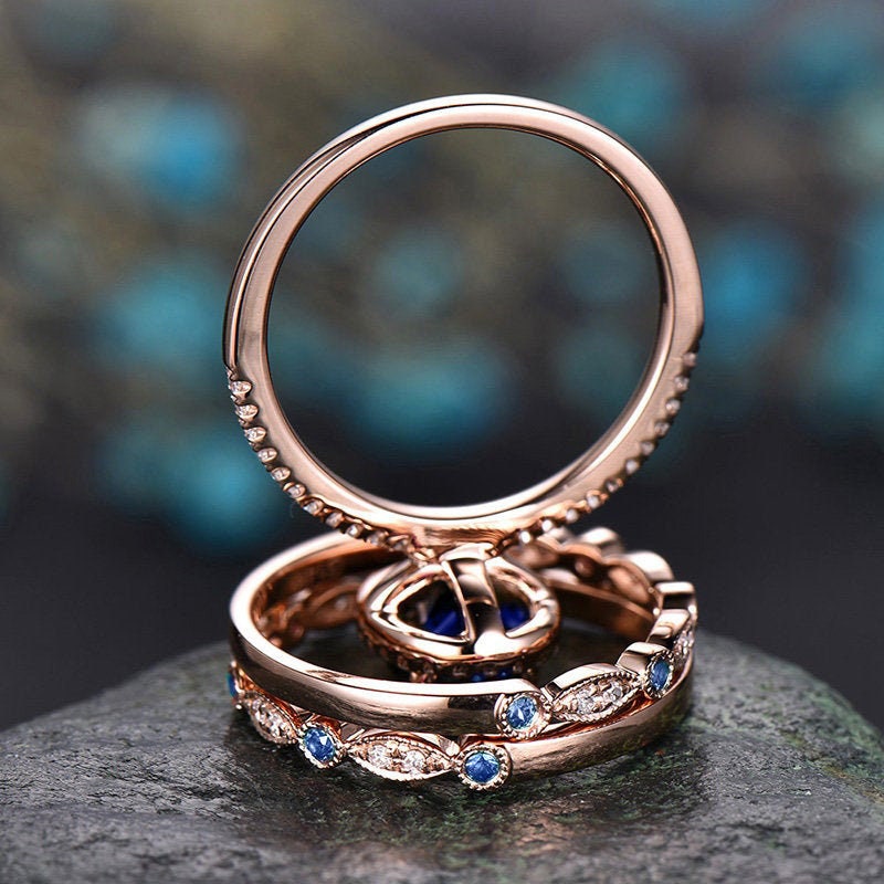 3pcs blue sapphire ring vintage sapphire engagement ring set rose gold for women diamond halo natural sapphire wedding band bridal ring set