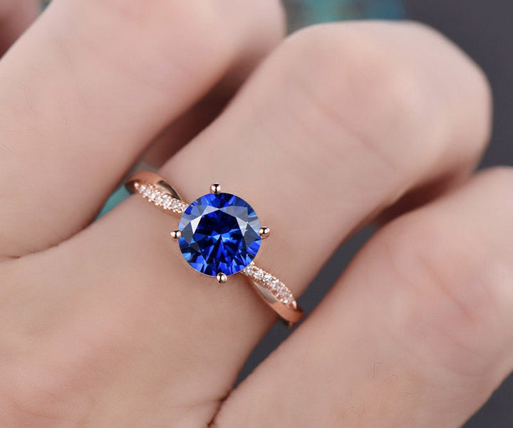 7mm round blue sapphire engagement ring solid 14k rose gold twisted real dianond ring September birthstone ring bridal wedding promise ring