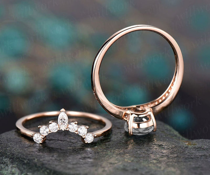 2pc natural moonstone engagement ring set rose gold diamond moissanite ring band marquise vintage stack crown women wedding bridal ring set