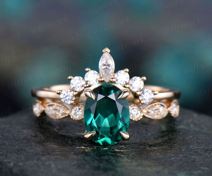 2pc emerald engagement ring set 14k yellow gold art deco diamond ring crown moissanite wedding matching May birthstone ring fine jewelry