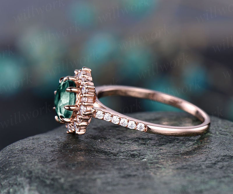 Round emerald engagement ring for women rose gold ring moissanite halo ring May birthstone ring unique emerald jewelry anniversary gift
