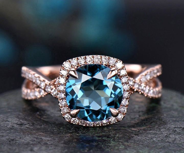 London blue topaz engagement ring rose gold round topaz ring women vintage unique infinity diamond halo November birthstone wedding ring