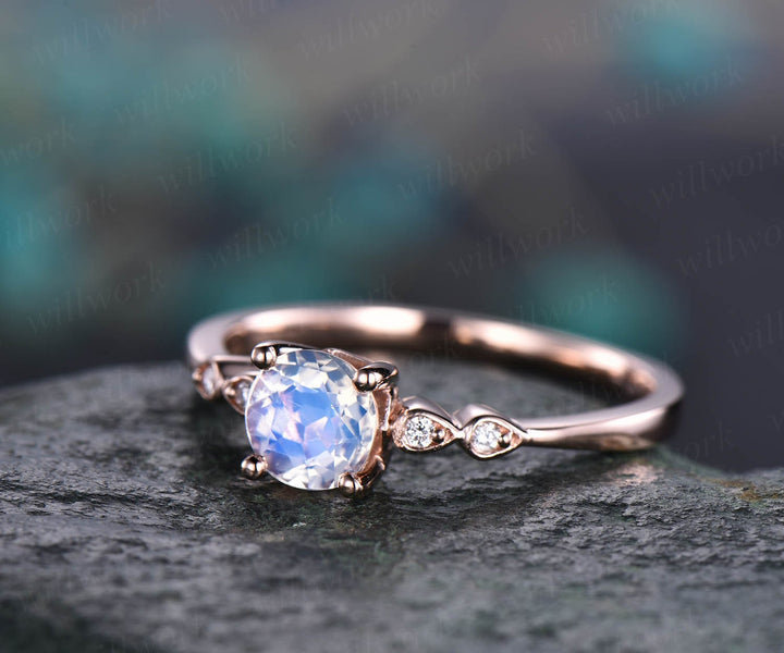 Round moonstone engagement ring 14k rose gold teardrop vintage unique five stone diamond engagement ring wedding anniversary ring for women