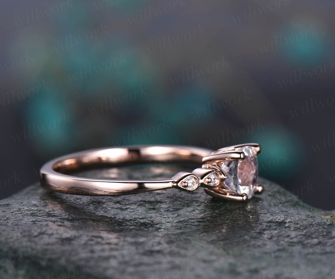 Round moonstone engagement ring 14k rose gold teardrop vintage unique five stone diamond engagement ring wedding anniversary ring for women