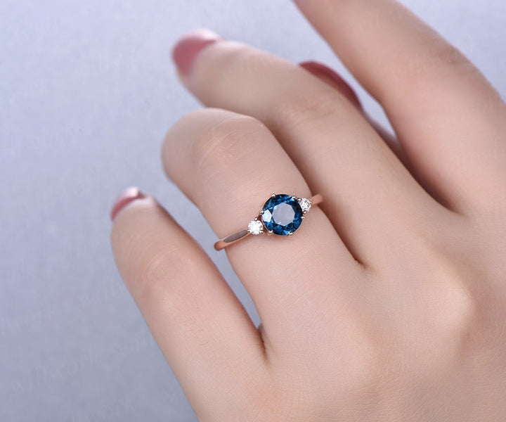 Round cut London blue topaz engagement ring solid 14k rose gold ring moissanite ring