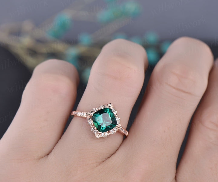 Flower cluster diamond halo ring green emerald engagement ring rose gold cushion emerald ring vintage antique May birthstone wedding ring