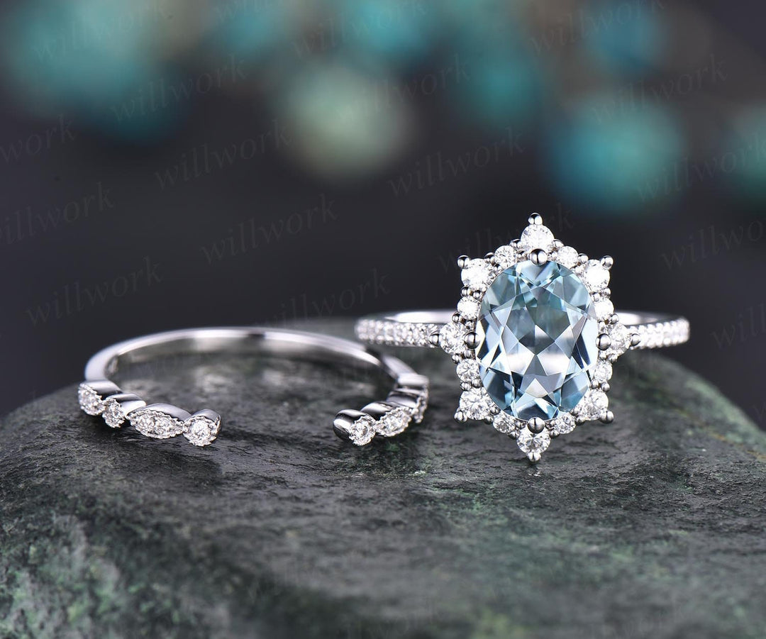 Cluster moissanite halo ring 2pc aquamarine engagement ring set white rose gold aquamarine ring vintage open gap diamond wedding ring band
