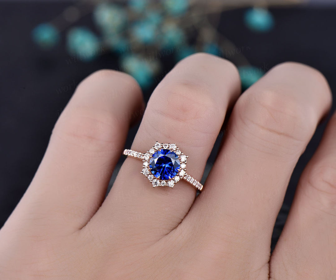 Round halo cluster blue sapphire engagement ring 14k rose gold ring moissanite ring band sapphire ring gold women vintage gold jewelry gift