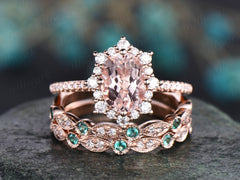 3pc Halo cluster moissanite ring natural emerald ring pink morganite engagement ring rose gold matching wedding band vintage bridal ring set