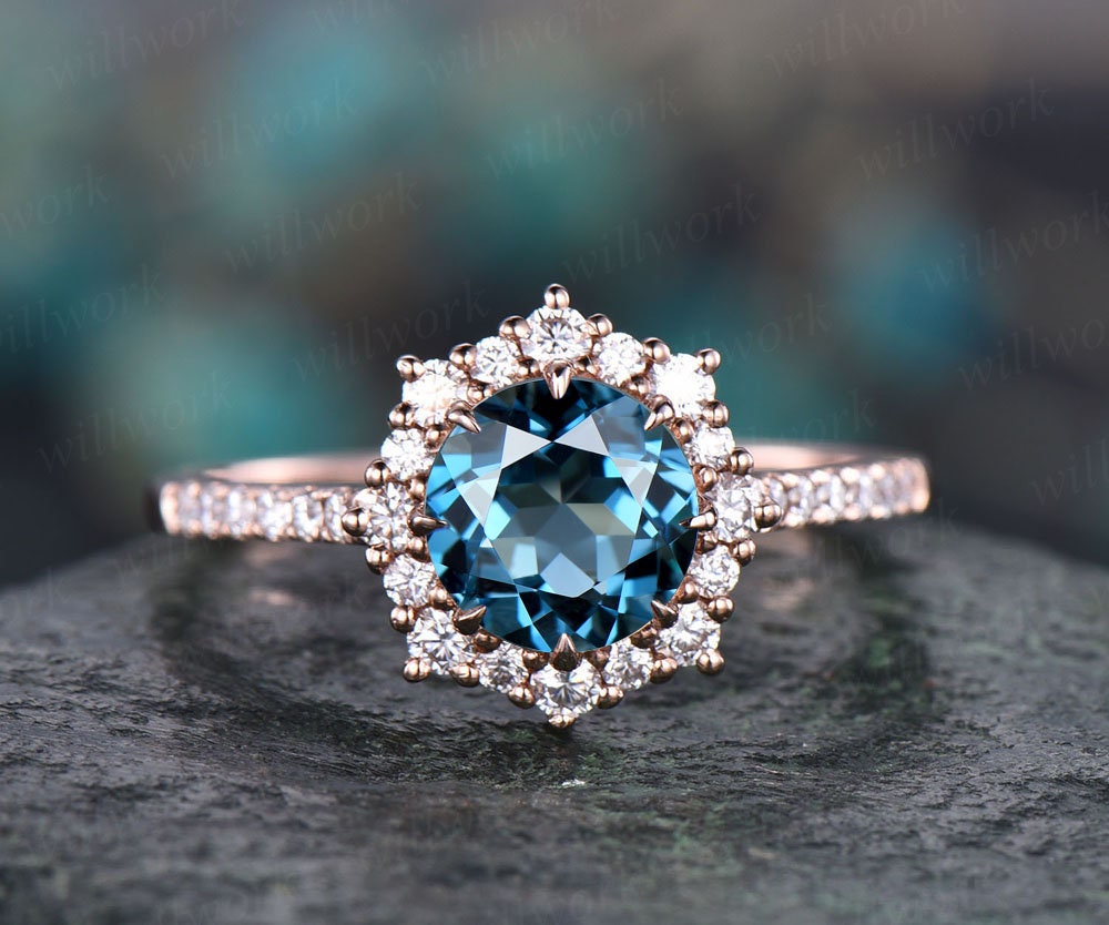 Cluster moissanite halo ring London blue topaz engagement ring rose gold topaz ring gold women vintage gold wedding November birthstone ring