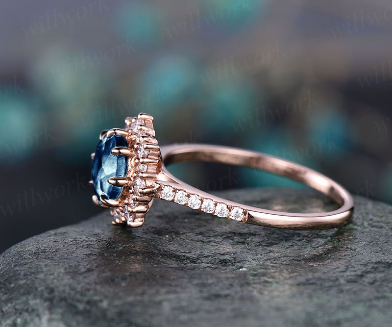Cluster moissanite halo ring London blue topaz engagement ring rose gold topaz ring gold women vintage gold wedding November birthstone ring