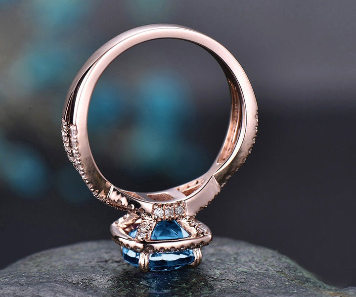 London blue topaz engagement ring rose gold round topaz ring women vintage unique infinity diamond halo November birthstone wedding ring