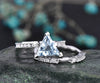 2pcs trillion cut aquamarine engagement ring set 14k white gold real diamond vintage antique unique March birthstone wedding bridal ring set