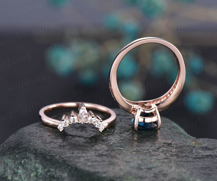 2pc diamond bridal set art deco crown moissanite ring London blue topaz engagement ring 14k rose gold November birthstone anniversary ring